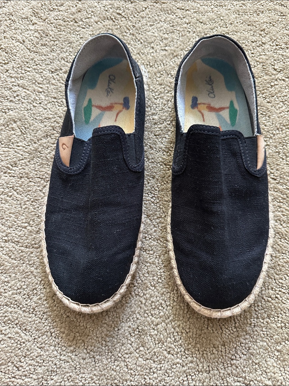 OluKai Women's Black Canvas Slip-On Espadrilles